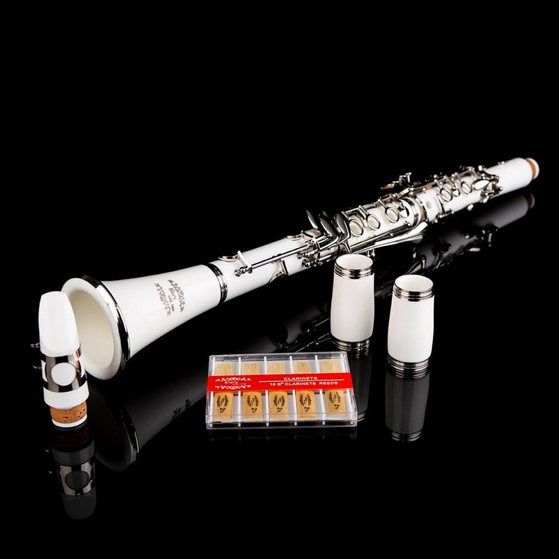 Glory GLYCLAWH Professional Ebonite Bb Clarinet with 10 Reeds, Stand, Hard Case, Cleaning Cloth, Mouthpiece Brush and Pad Brush,White/Silver - Image 3